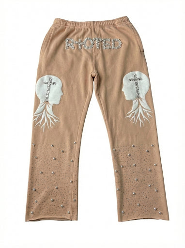 Beige brown  "RIOTED" Rhinestone & Graphic Heavyweight Sweatpants