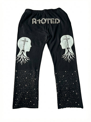 Black "RIOTED" Crystal & Graphic Heavyweight Sweatpants