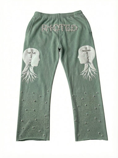 Sage Green "RIOTED" Crystal & Graphic Heavyweight Sweatpants